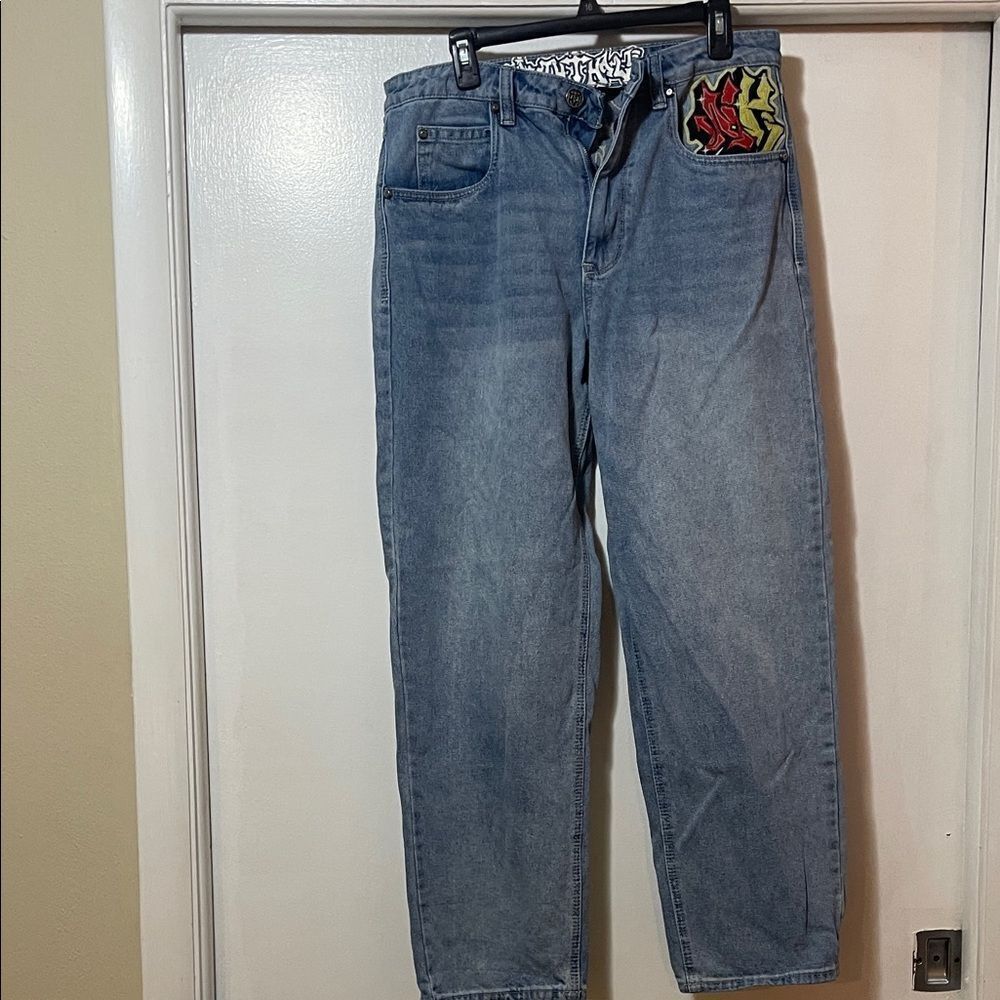 Mens skater Blue Jeans with Graphic Patches size 32